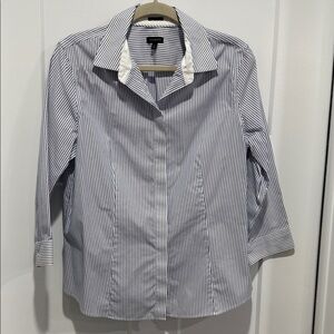 Talbots Navy and White Striped Button-Up Blouse